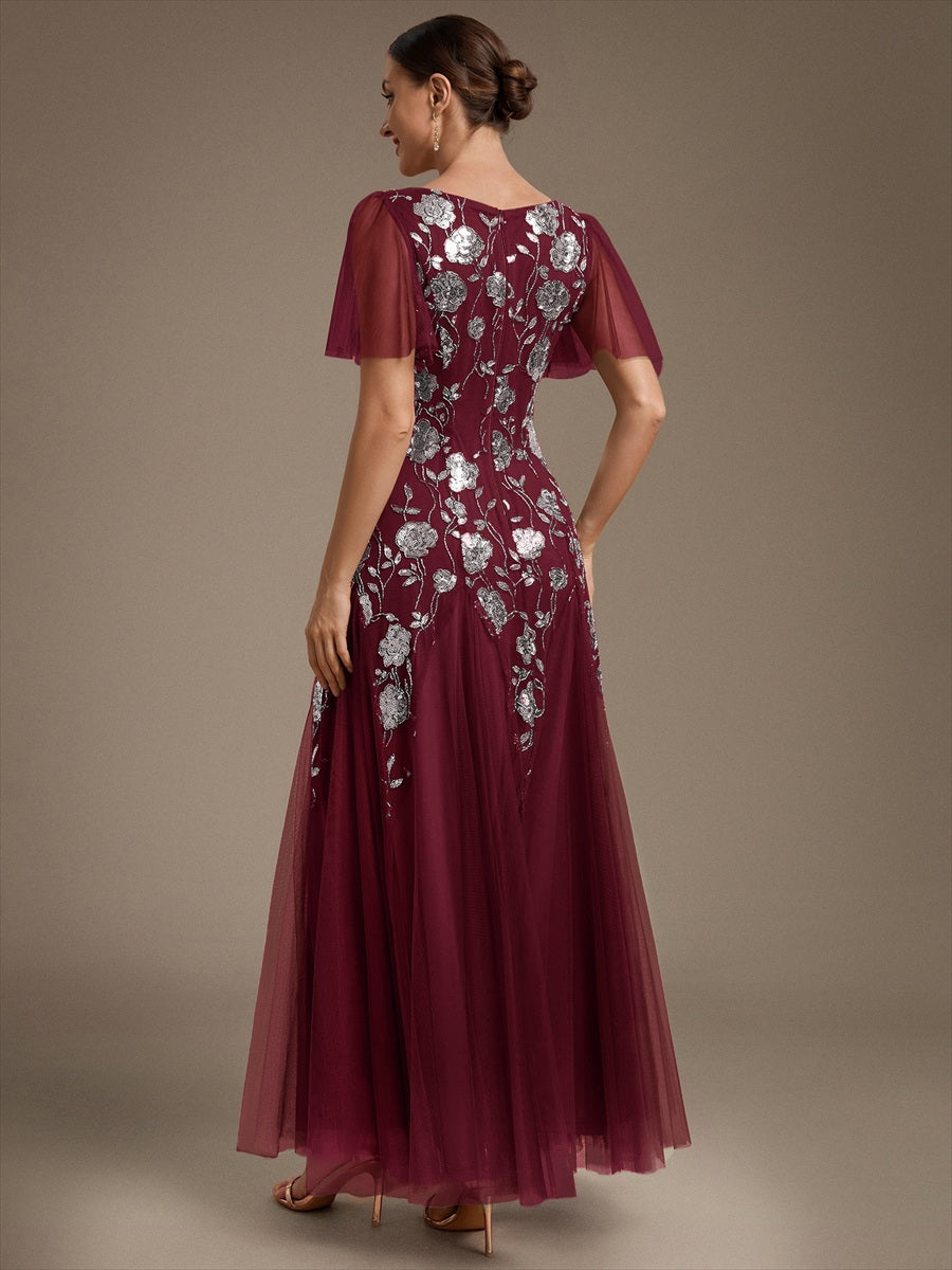 Color=Burgundy | Factory Design Short Sleeve Ruffle Sequin V-Neck A-Line Floor Length Evening Dresses-Burgundy 2