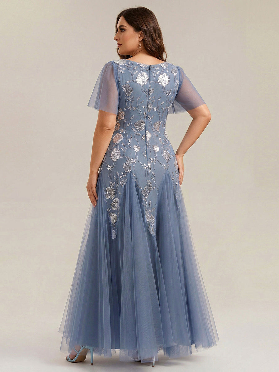 Color=Dusty Blue | Wholesale Pricing Short Sleeve Ruffle Sequin V-Neck A-Line Floor Length Evening Dresses-Dusty Blue 7