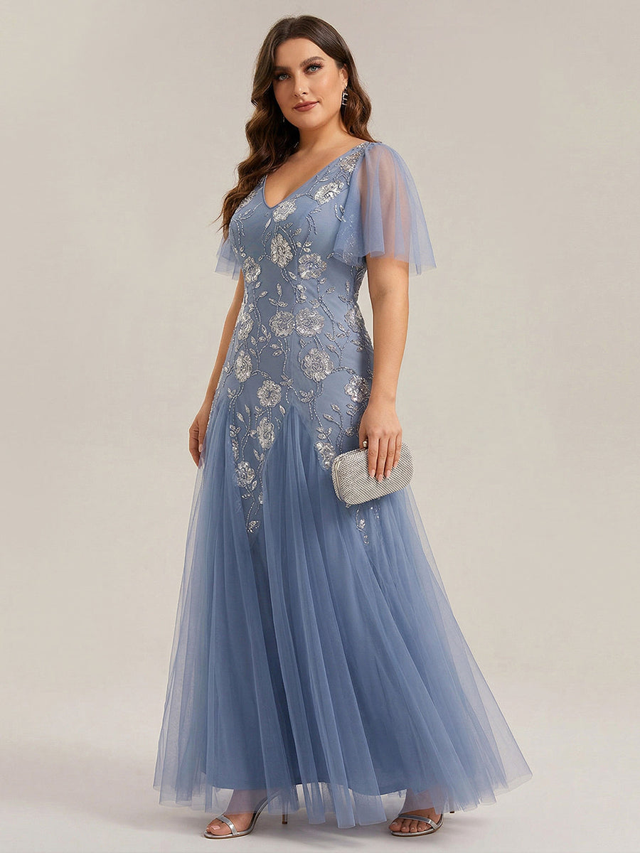 Color=Dusty Blue | Wholesale Pricing Short Sleeve Ruffle Sequin V-Neck A-Line Floor Length Evening Dresses-Dusty Blue 9