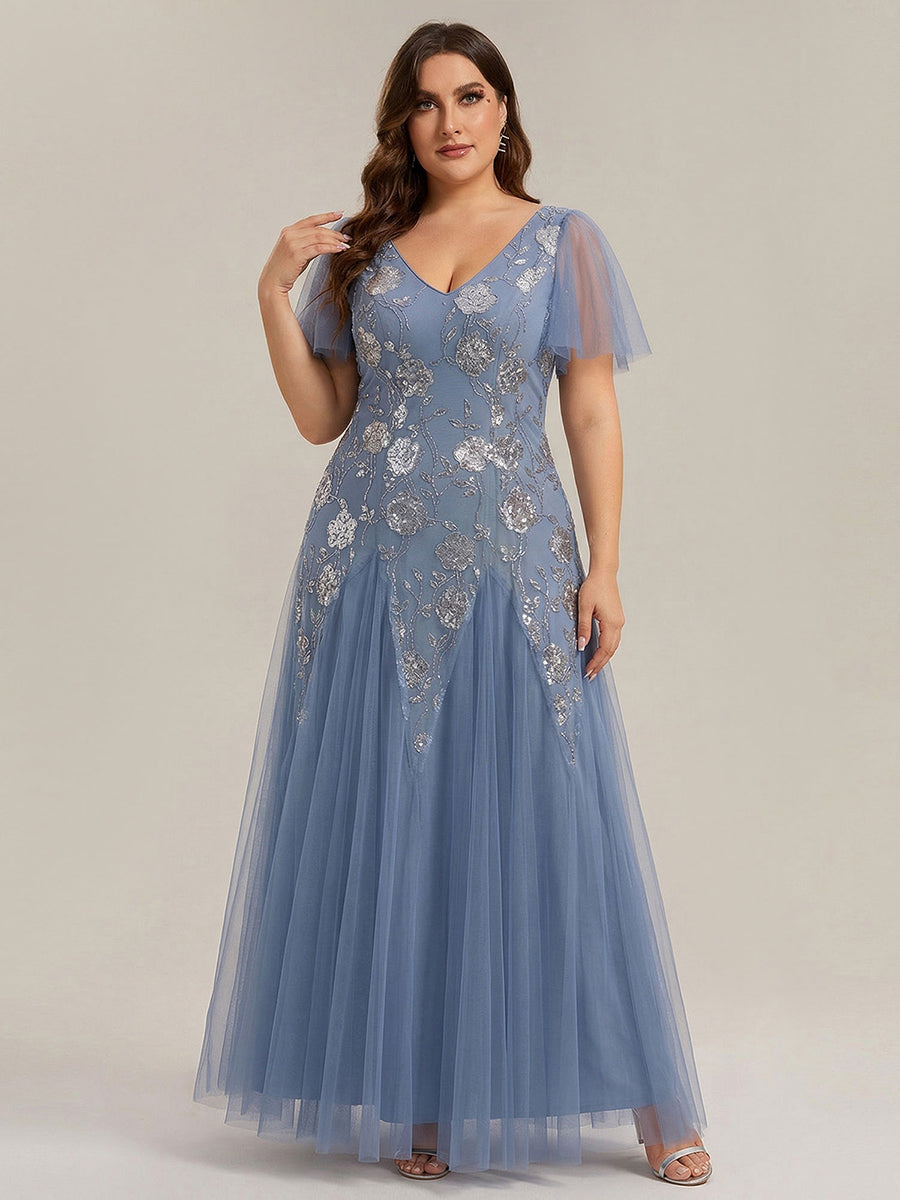 Color=Dusty Blue | Wholesale Pricing Short Sleeve Ruffle Sequin V-Neck A-Line Floor Length Evening Dresses-Dusty Blue 10