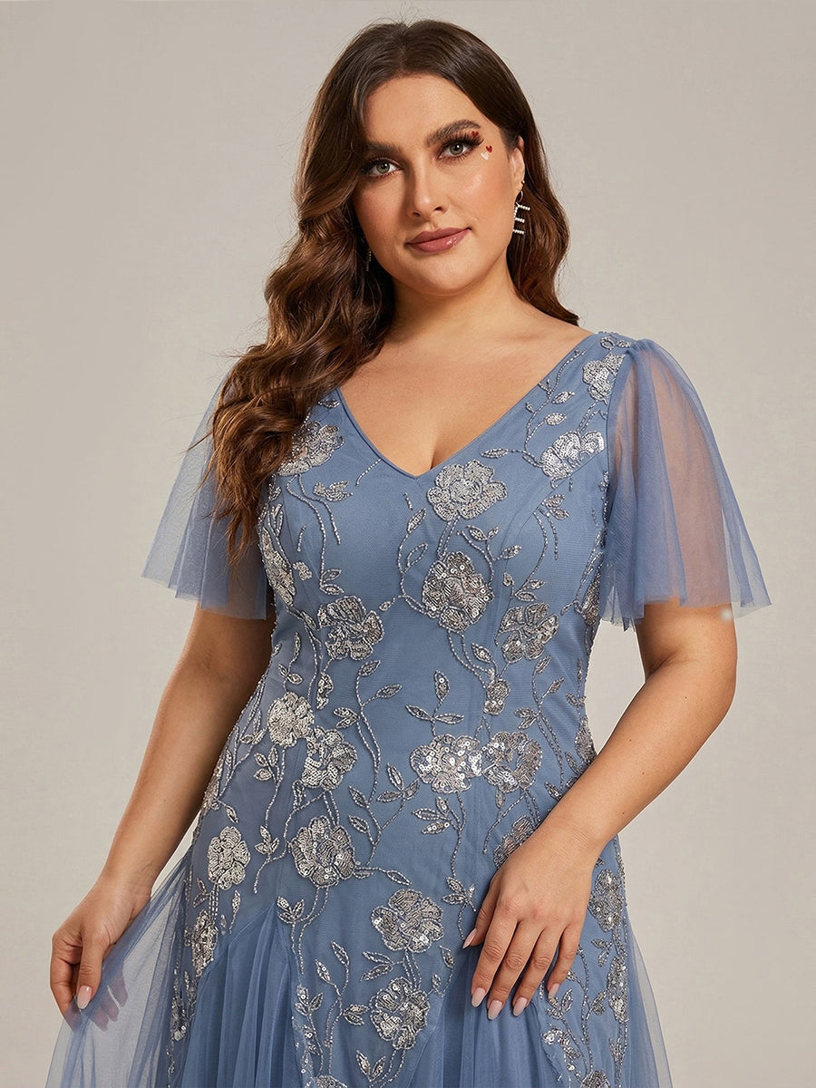 Color=Dusty Blue | Wholesale Pricing Short Sleeve Ruffle Sequin V-Neck A-Line Floor Length Evening Dresses-Dusty Blue 8