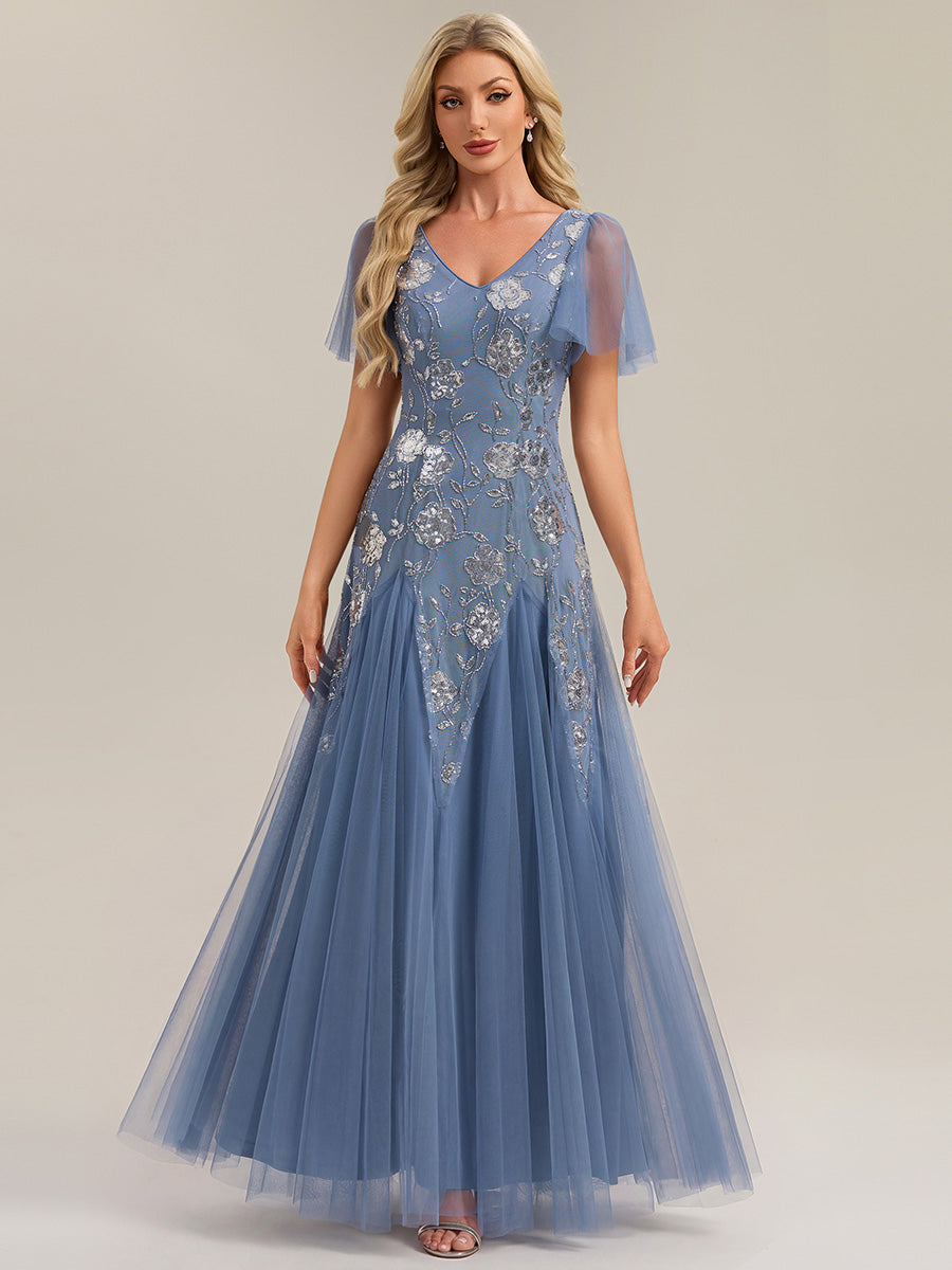 Color=Dusty Blue | Wholesale Pricing Short Sleeve Ruffle Sequin V-Neck A-Line Floor Length Evening Dresses-Dusty Blue 1