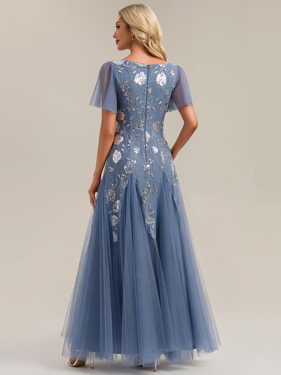 Color=Dusty Blue | Wholesale Pricing Short Sleeve Ruffle Sequin V-Neck A-Line Floor Length Evening Dresses-Dusty Blue 2