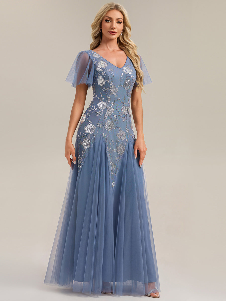 Color=Dusty Blue | Wholesale Pricing Short Sleeve Ruffle Sequin V-Neck A-Line Floor Length Evening Dresses-Dusty Blue 5