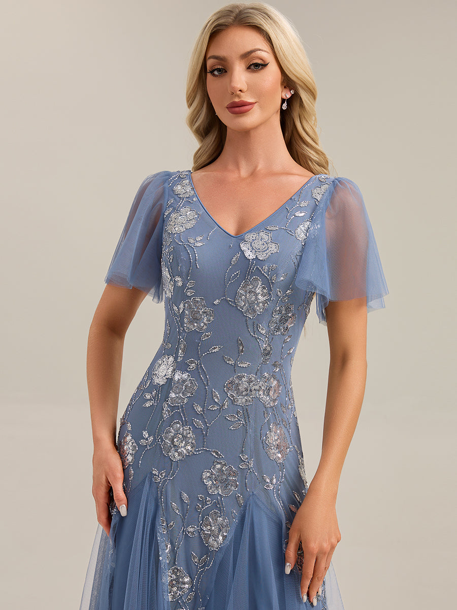 Color=Dusty Blue | Wholesale Pricing Short Sleeve Ruffle Sequin V-Neck A-Line Floor Length Evening Dresses-Dusty Blue 3