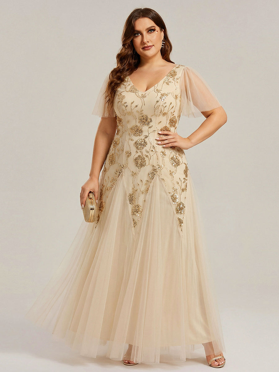 Color=Gold | Wholesale Short Sleeve Ruffle Sequin V-Neck A-Line Floor Length Evening Dresses-Gold 6