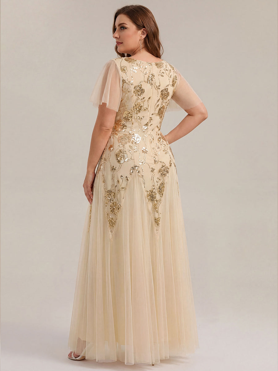 Color=Gold | Wholesale Short Sleeve Ruffle Sequin V-Neck A-Line Floor Length Evening Dresses-Gold 7