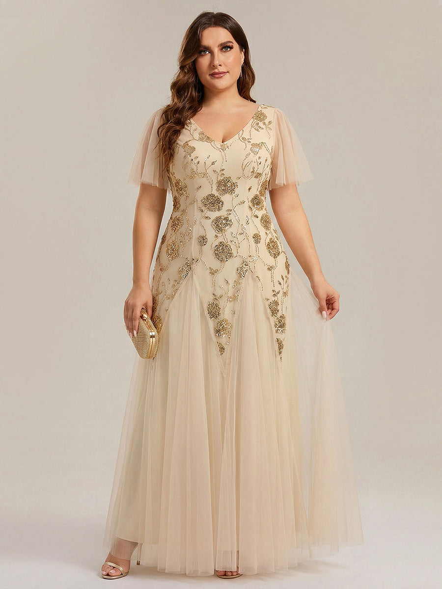 Color=Gold | Wholesale Short Sleeve Ruffle Sequin V-Neck A-Line Floor Length Evening Dresses-Gold 9