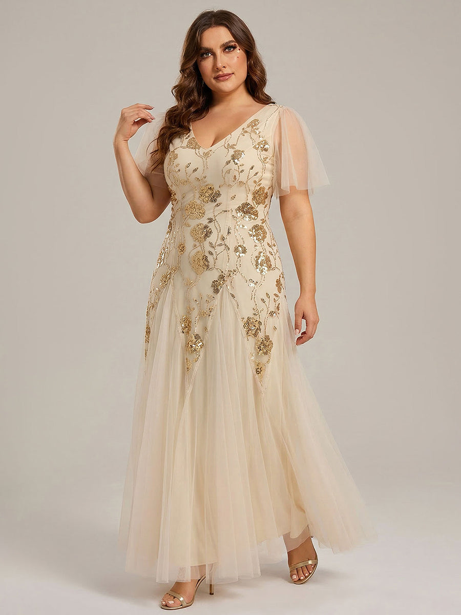 Color=Gold | Wholesale Short Sleeve Ruffle Sequin V-Neck A-Line Floor Length Evening Dresses-Gold 10