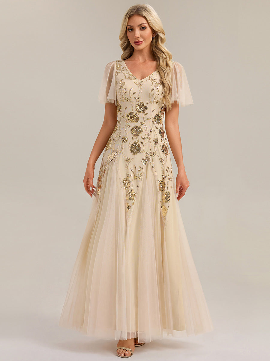 Color=Gold | Wholesale Short Sleeve Ruffle Sequin V-Neck A-Line Floor Length Evening Dresses-Gold 1