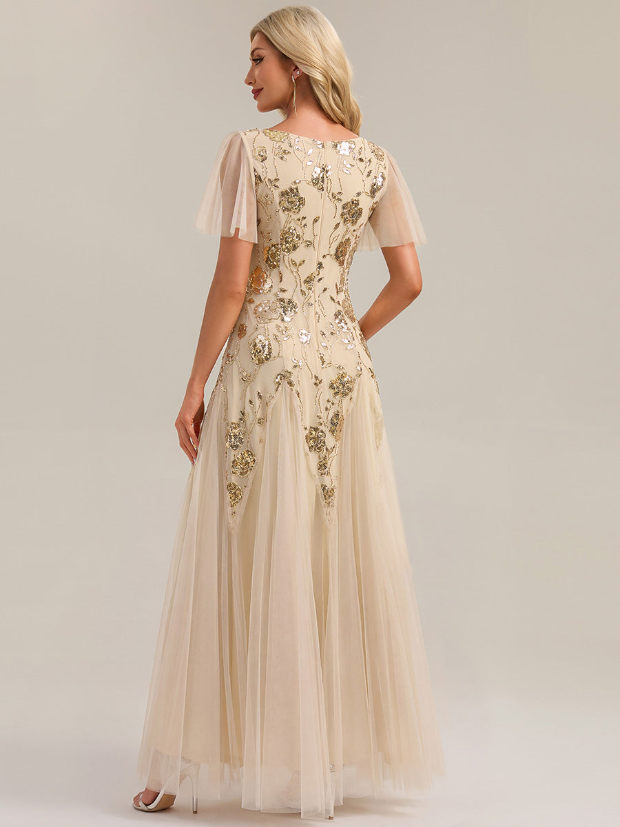 Color=Gold | Wholesale Short Sleeve Ruffle Sequin V-Neck A-Line Floor Length Evening Dresses-Gold 2