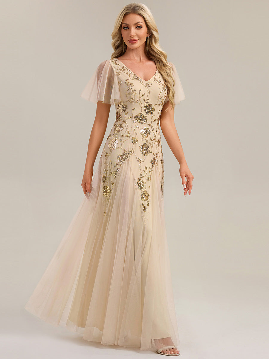 Color=Gold | Wholesale Short Sleeve Ruffle Sequin V-Neck A-Line Floor Length Evening Dresses-Gold 4