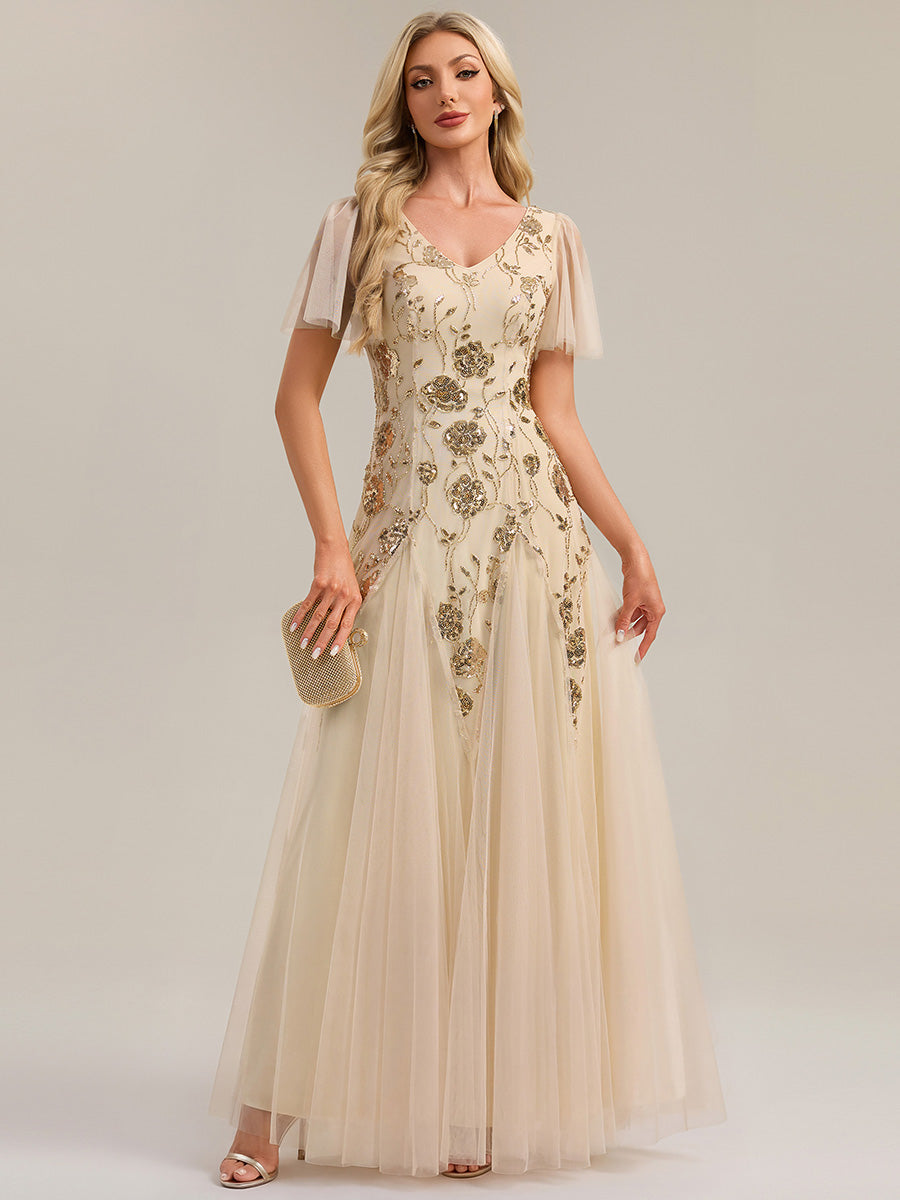 Color=Gold | Wholesale Short Sleeve Ruffle Sequin V-Neck A-Line Floor Length Evening Dresses-Gold 5