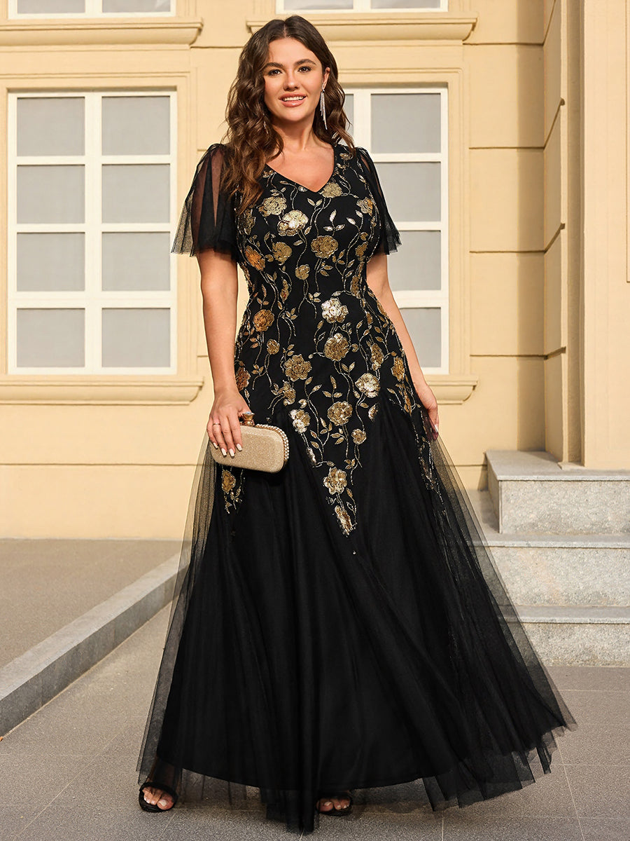 Color=Black Gold | Factory Design Short Sleeve Ruffle Sequin V-Neck A-Line Floor Length Evening Dresses-Black Gold 6