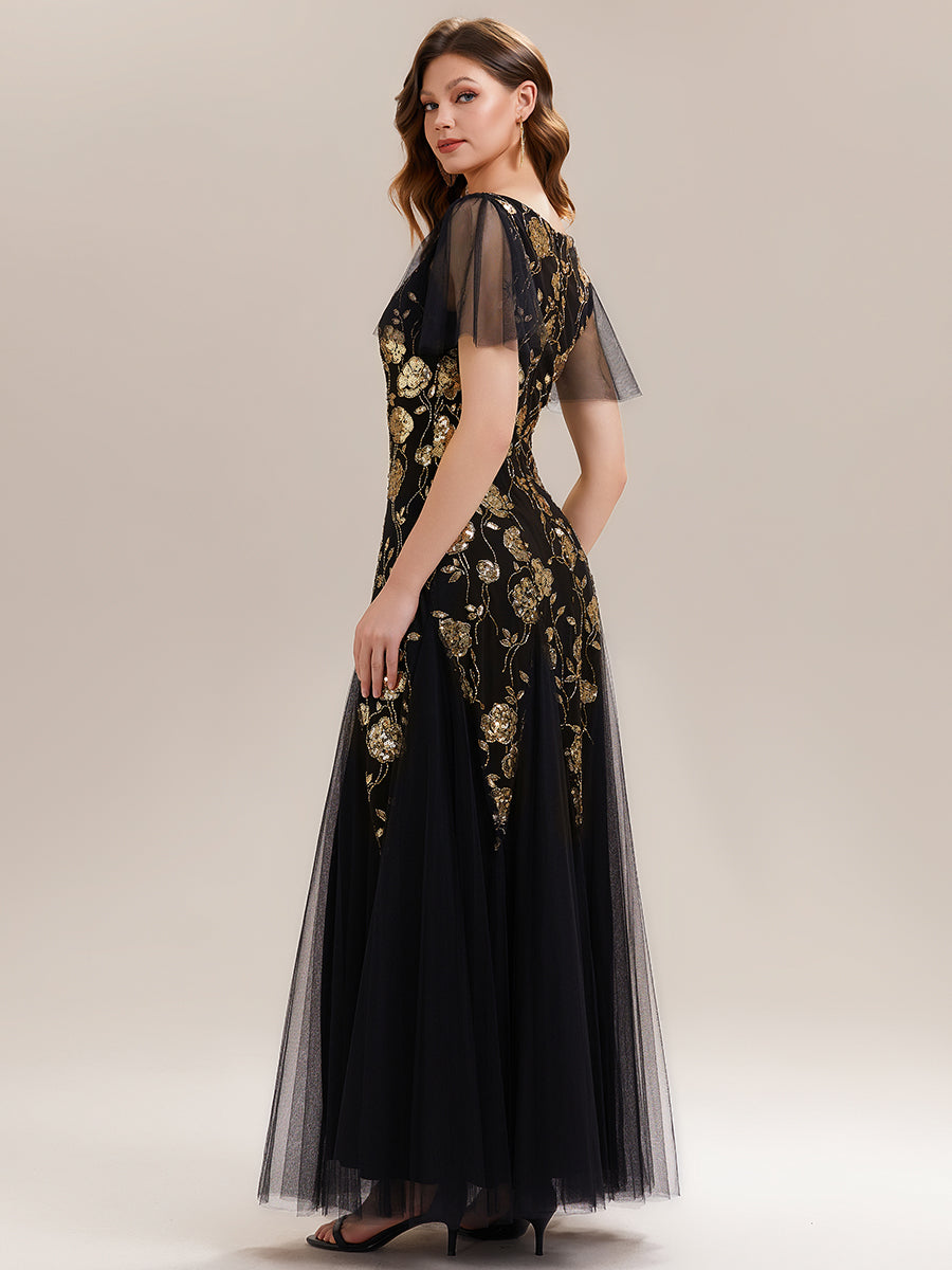 Color=Black Gold | Factory Design Short Sleeve Ruffle Sequin V-Neck A-Line Floor Length Evening Dresses-Black Gold 4