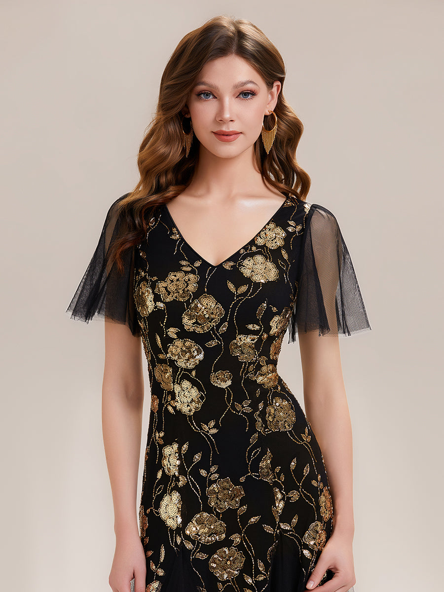Color=Black Gold | Factory Design Short Sleeve Ruffle Sequin V-Neck A-Line Floor Length Evening Dresses-Black Gold 3