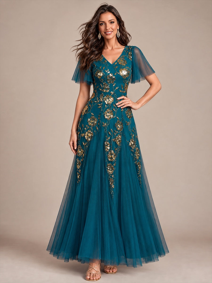 Color=Teal Blue | Factory Design Short Sleeve Ruffle Sequin V-Neck A-Line Floor Length Evening Dresses-Teal Blue 1