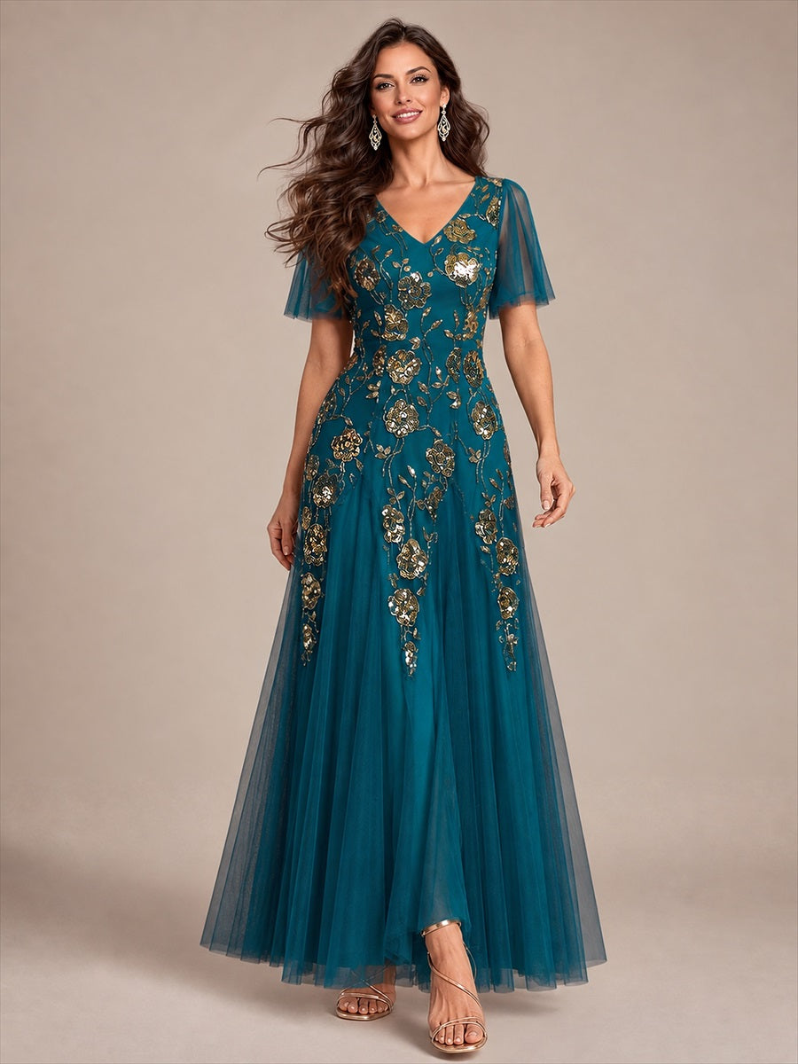 Color=Teal Blue | Factory Design Short Sleeve Ruffle Sequin V-Neck A-Line Floor Length Evening Dresses-Teal Blue 3