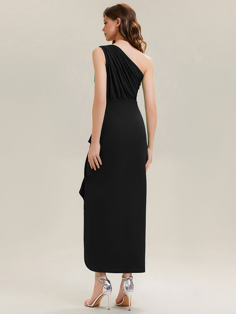 Color=Black | Fast Delivery Strapless High Stretch Bodycon One Shoulder Evening Dress with Ruffles Evening Dresses-Black 2