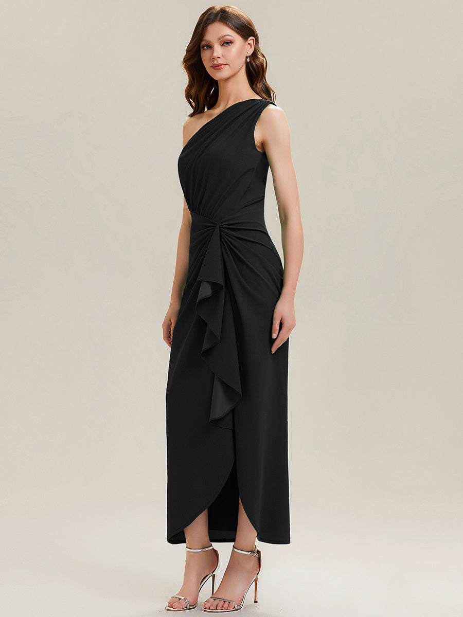 Color=Black | Fast Delivery Strapless High Stretch Bodycon One Shoulder Evening Dress with Ruffles Evening Dresses-Black 4