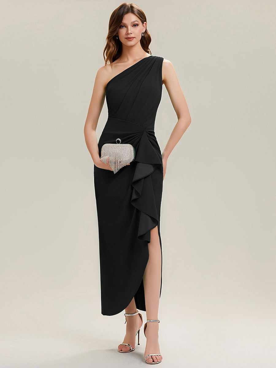 Color=Black | Fast Delivery Strapless High Stretch Bodycon One Shoulder Evening Dress with Ruffles Evening Dresses-Black 1