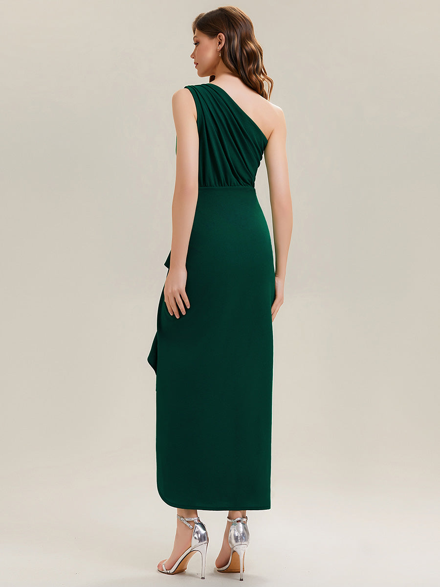 Color=Dark Green | Fast Delivery Strapless High Stretch Bodycon One Shoulder Evening Dress with Ruffles Evening Dresses-Dark Green 7