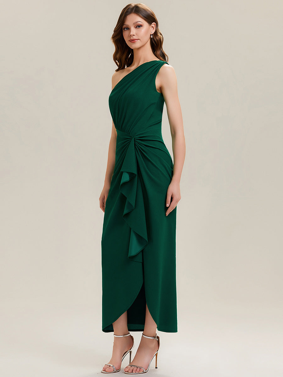 Color=Dark Green | Fast Delivery Strapless High Stretch Bodycon One Shoulder Evening Dress with Ruffles Evening Dresses-Dark Green 9