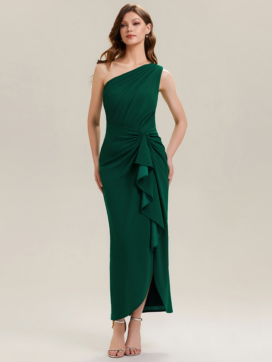 Color=Dark Green | Fast Delivery Strapless High Stretch Bodycon One Shoulder Evening Dress with Ruffles Evening Dresses-Dark Green 10