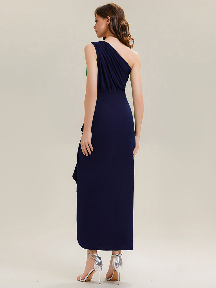 Color=Navy Blue | Fast Delivery Strapless High Stretch Bodycon One Shoulder Evening Dress with Ruffles Evening Dresses-Navy Blue 12