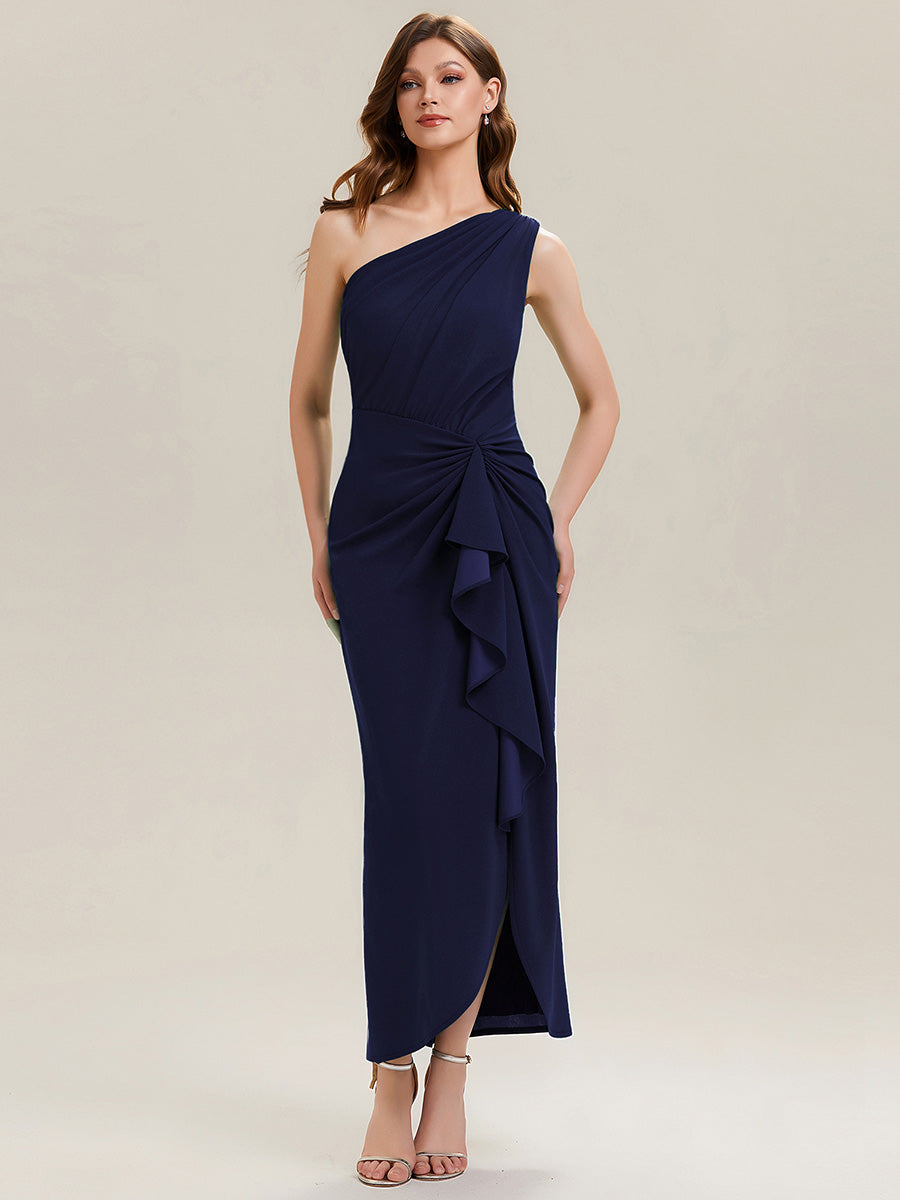 Color=Navy Blue | Fast Delivery Strapless High Stretch Bodycon One Shoulder Evening Dress with Ruffles Evening Dresses-Navy Blue 15