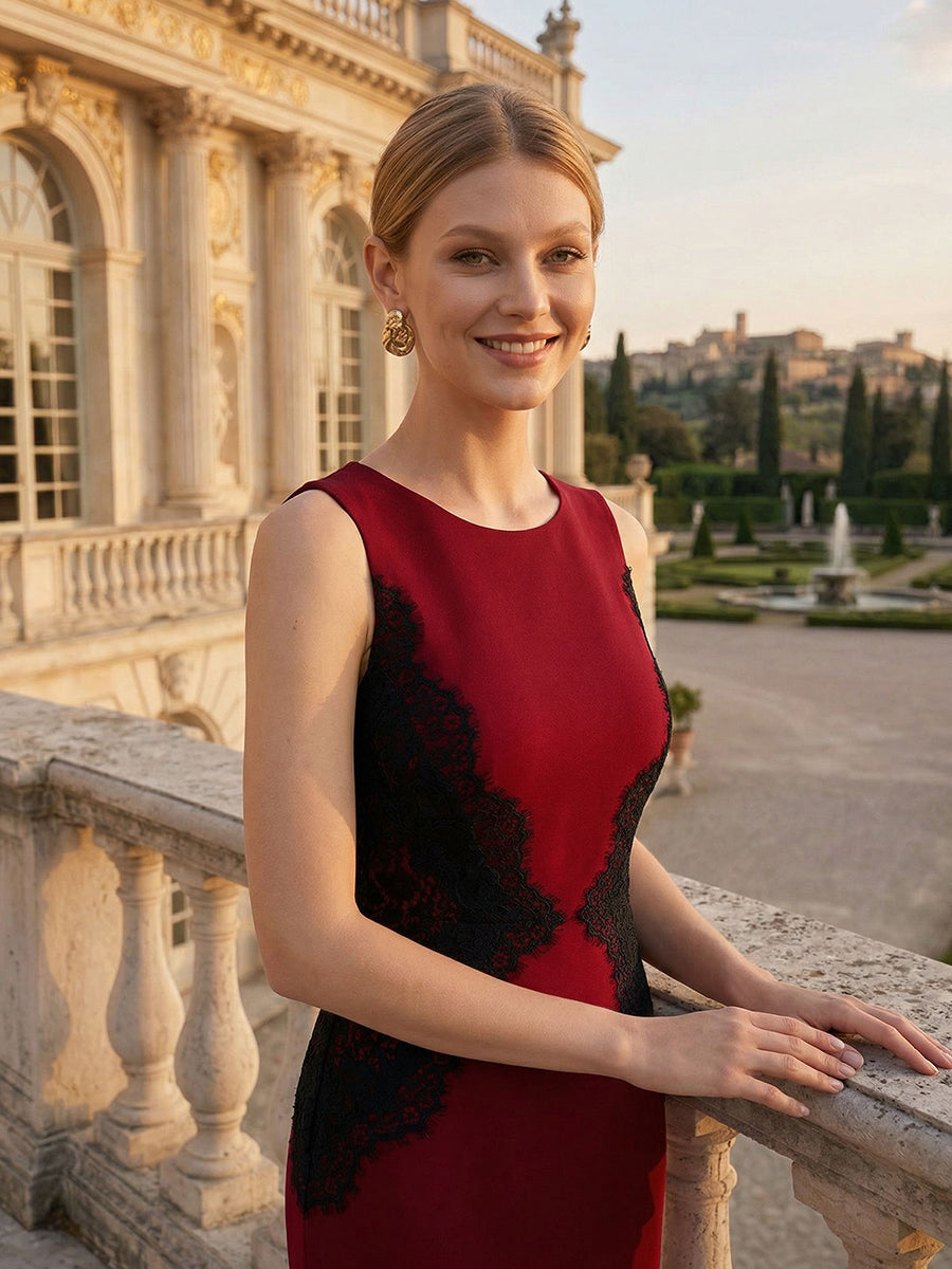Color=Dark Red | Volume Discounts Strapless Round Neck Bodycon Maxi Dress with Eyelash Lace Trim Evening Dresses-Dark Red 10