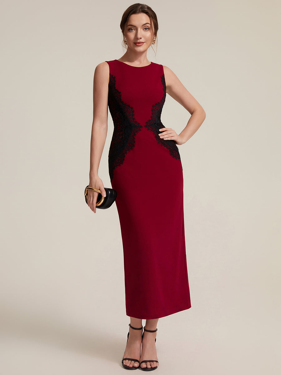 Color=Dark Red | Volume Discounts Strapless Round Neck Bodycon Maxi Dress with Eyelash Lace Trim Evening Dresses-Dark Red 11