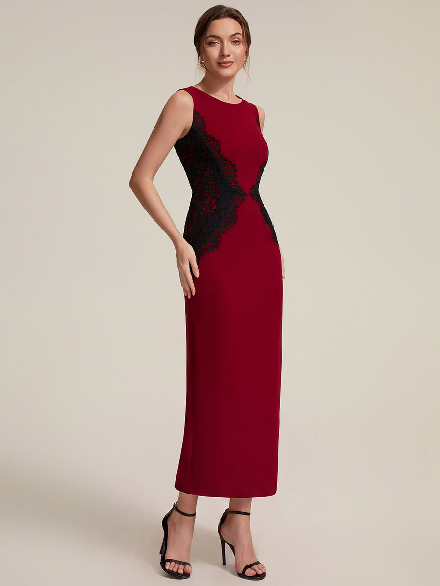 Color=Dark Red | Volume Discounts Strapless Round Neck Bodycon Maxi Dress with Eyelash Lace Trim Evening Dresses-Dark Red 13