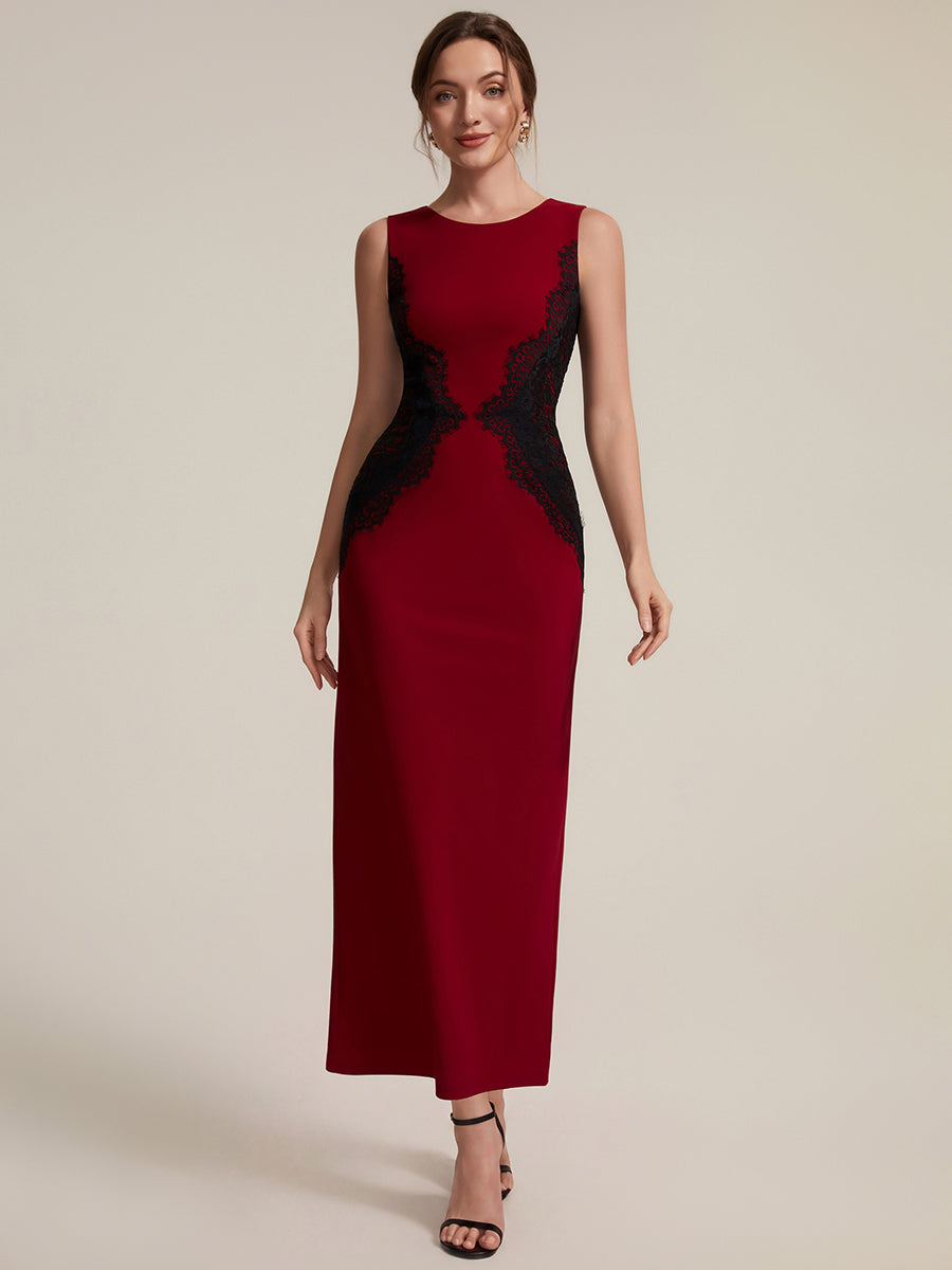 Color=Dark Red | Volume Discounts Strapless Round Neck Bodycon Maxi Dress with Eyelash Lace Trim Evening Dresses-Dark Red 14