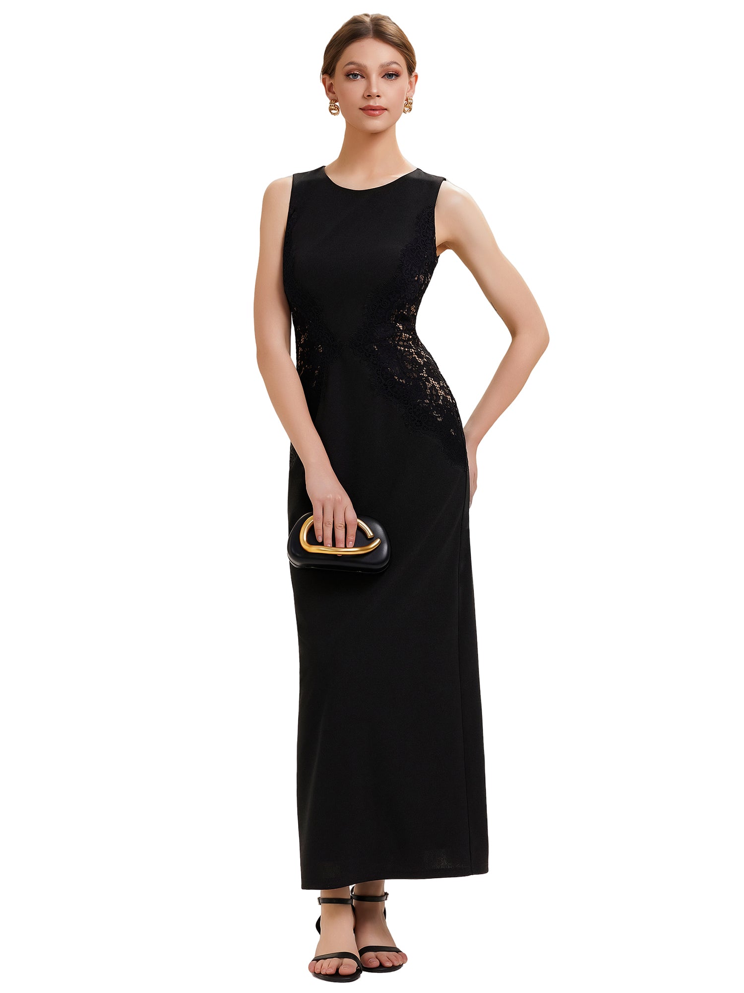 Color=Black | Volume Discounts Strapless Round Neck Bodycon Maxi Dress with Eyelash Lace Trim Evening Dresses-Black 2
