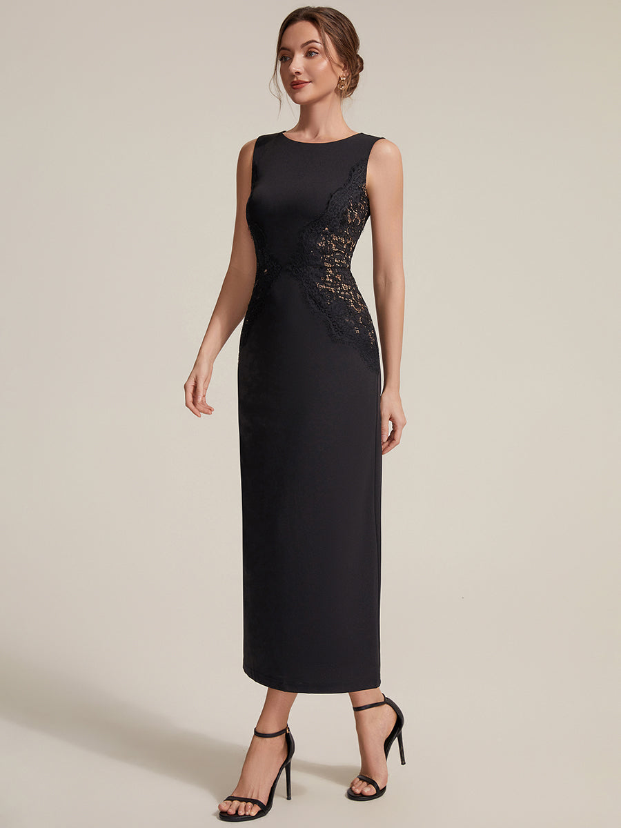 Color=Black | Volume Discounts Strapless Round Neck Bodycon Maxi Dress with Eyelash Lace Trim Evening Dresses-Black 14