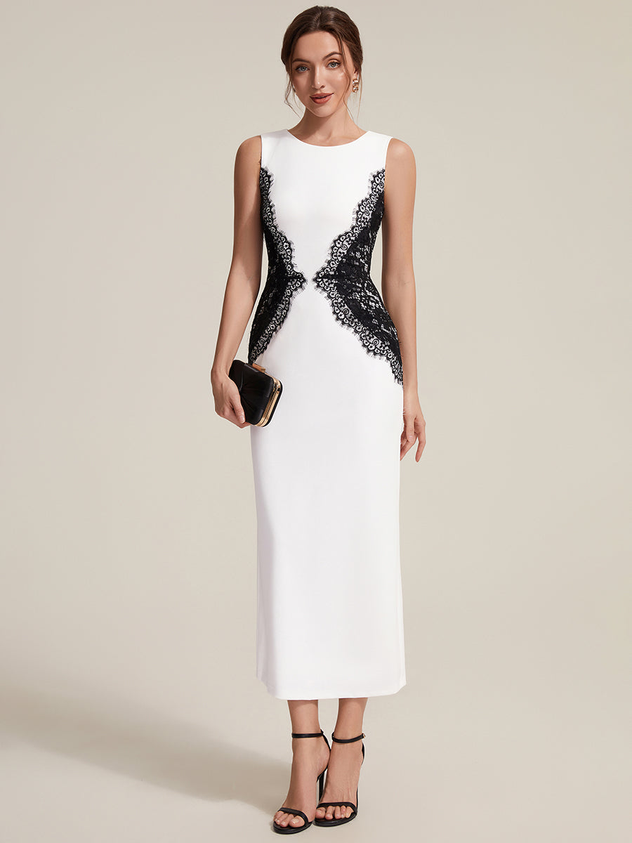 Color=Ivory-Black | Volume Discounts Strapless Round Neck Bodycon Maxi Dress with Eyelash Lace Trim Evening Dresses-Ivory-Black 11