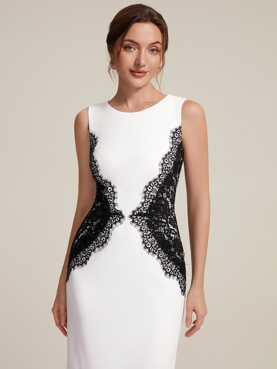 Color=Ivory-Black | Volume Discounts Strapless Round Neck Bodycon Maxi Dress with Eyelash Lace Trim Evening Dresses-Ivory-Black 12