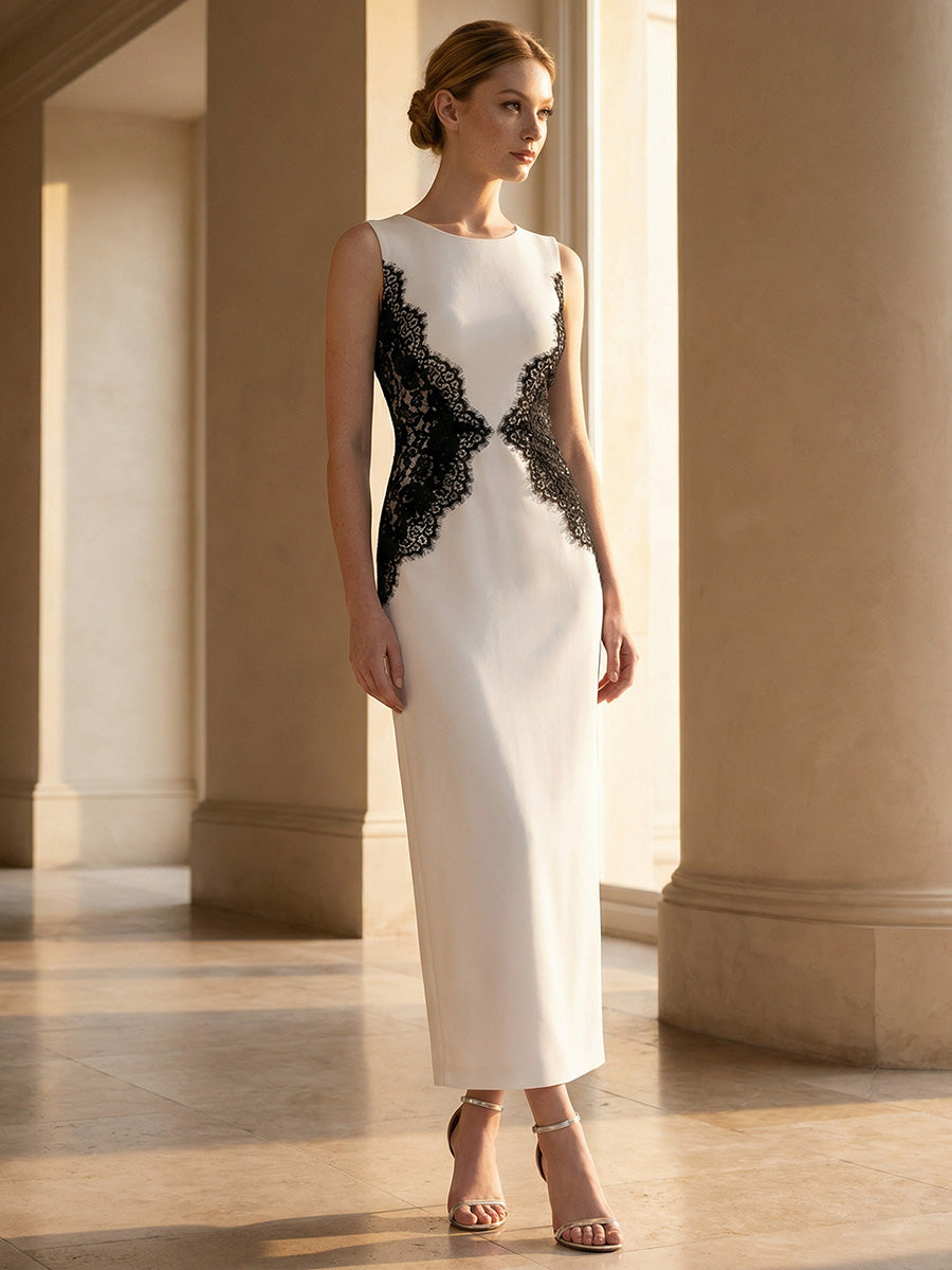Color=Ivory-Black | Volume Discounts Strapless Round Neck Bodycon Maxi Dress with Eyelash Lace Trim Evening Dresses-Ivory-Black 6