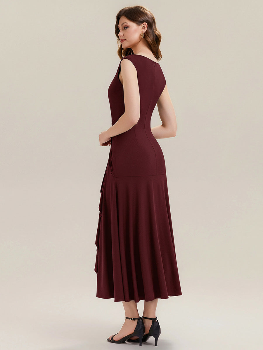 Color=Burgundy | One Stop Shop Sleeveless Asymmetrical Ruffled A-Line Maxi Evening Dresses-Burgundy 2