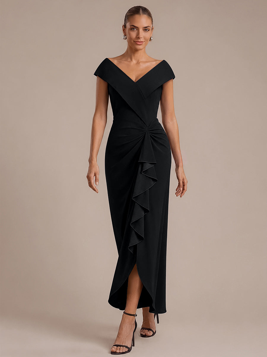 Color=Black | B2B-Exclusive Sleeveless V-Neck High Stretch Mermaid High-Low Evening Dresses-Black 4