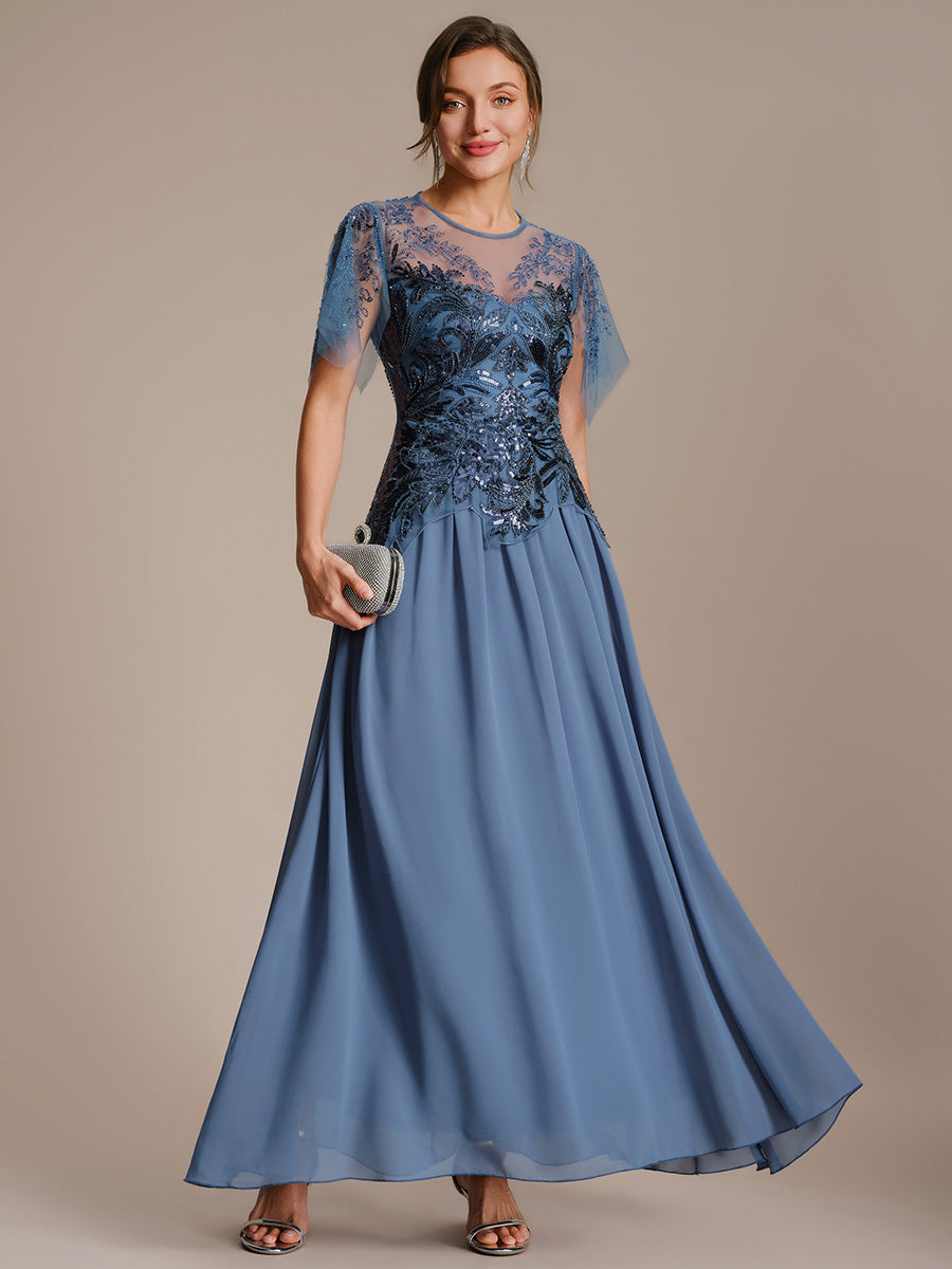 Color=Dusty blue | Volume Discounts Short Sleeve Ruffle Sequin Round Neck A-Line Floor Length Evening Dresses-Dusty blue 1