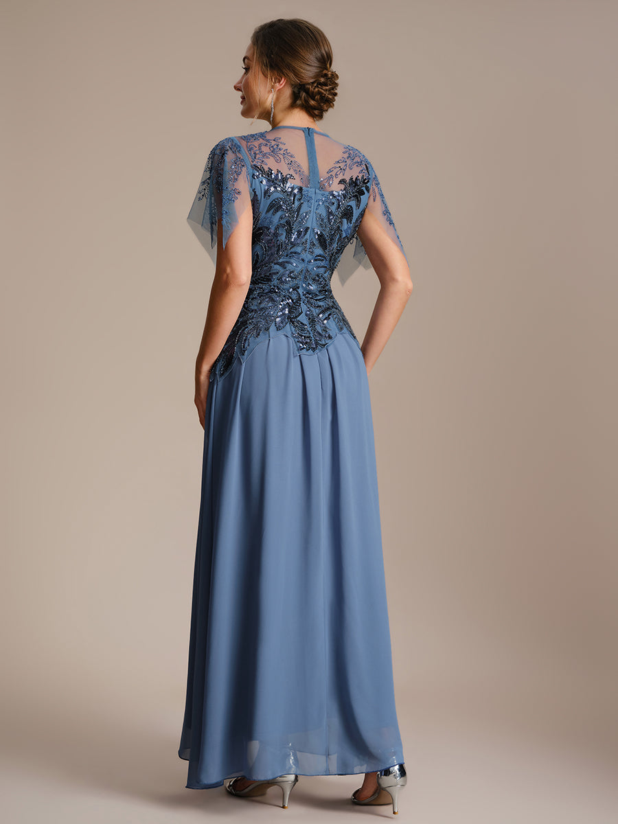 Color=Dusty blue | Volume Discounts Short Sleeve Ruffle Sequin Round Neck A-Line Floor Length Evening Dresses-Dusty blue 2
