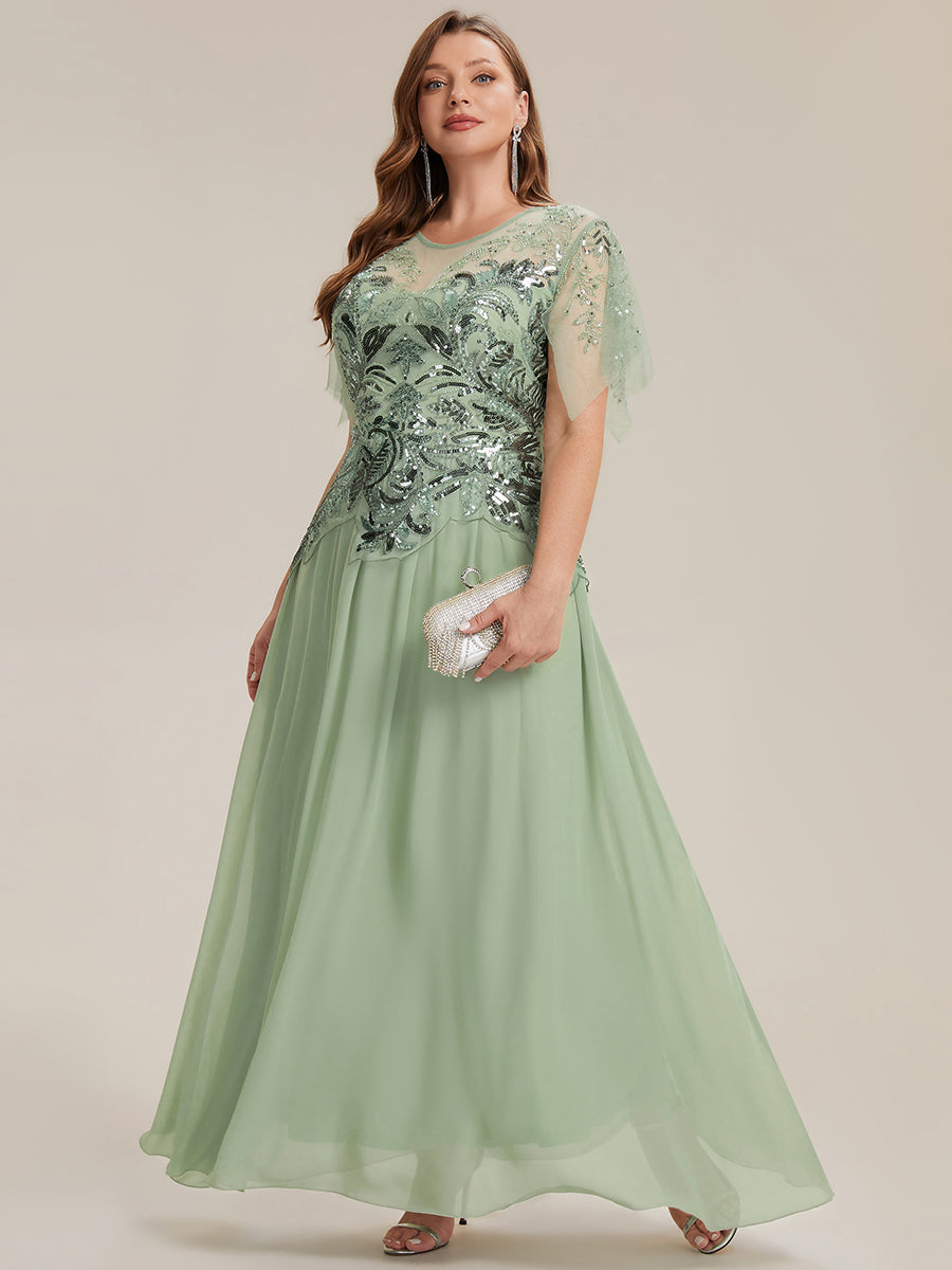 Color=Mint Green | Factory Design Short Sleeve Ruffle Sequin Beaded A-Line Floor Length Evening Dresses-Mint Green 6