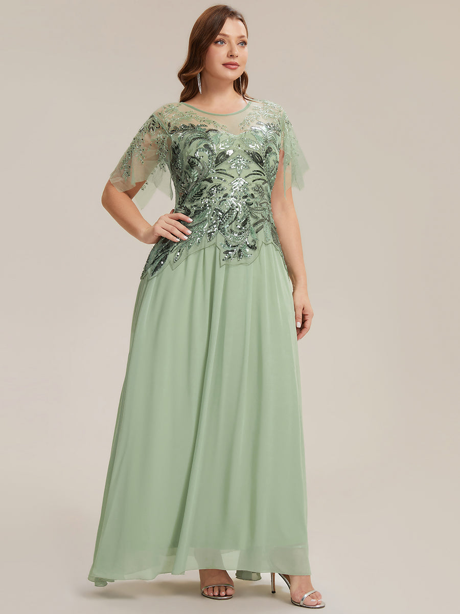 Color=Mint Green | Factory Design Short Sleeve Ruffle Sequin Beaded A-Line Floor Length Evening Dresses-Mint Green 9