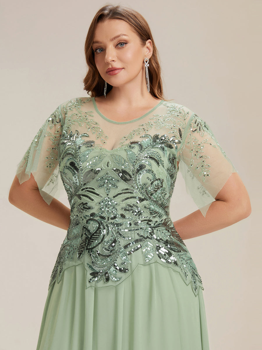 Color=Mint Green | Factory Design Short Sleeve Ruffle Sequin Beaded A-Line Floor Length Evening Dresses-Mint Green 8