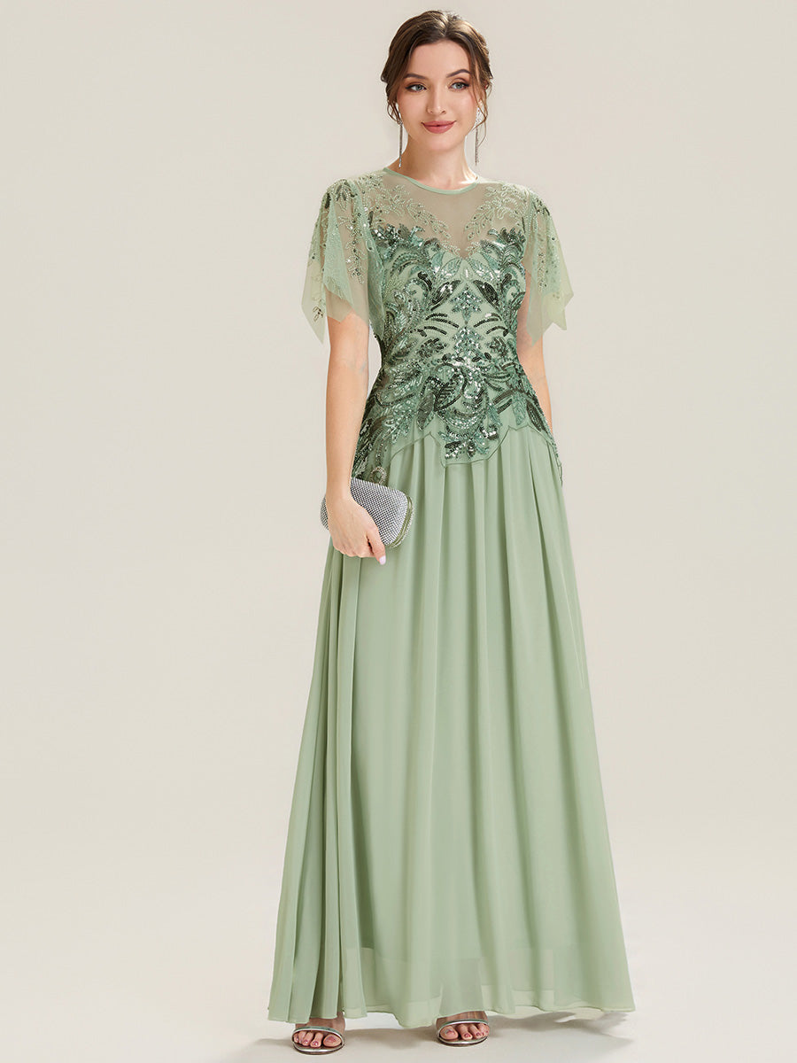 Color=Mint Green | Factory Design Short Sleeve Ruffle Sequin Beaded A-Line Floor Length Evening Dresses-Mint Green 1