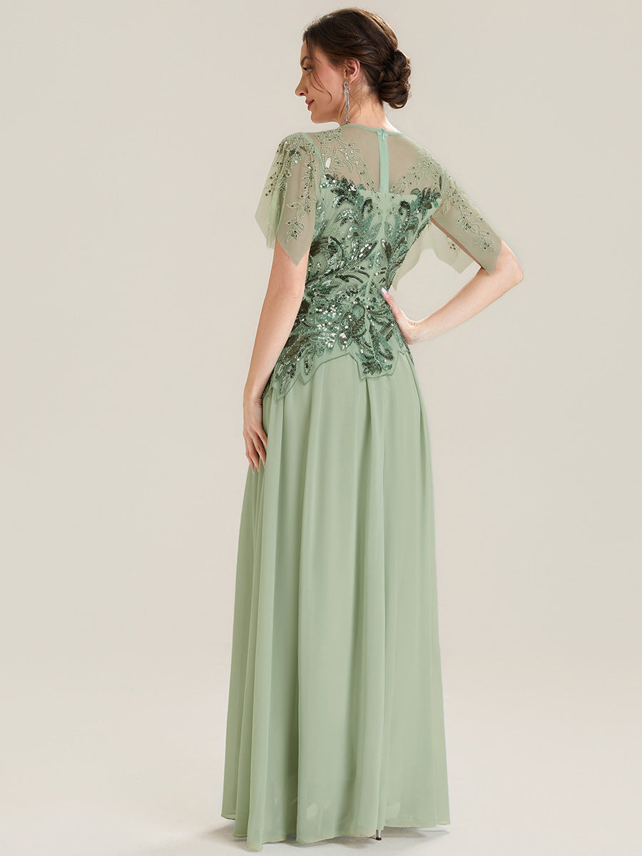 Color=Mint Green | Factory Design Short Sleeve Ruffle Sequin Beaded A-Line Floor Length Evening Dresses-Mint Green 2