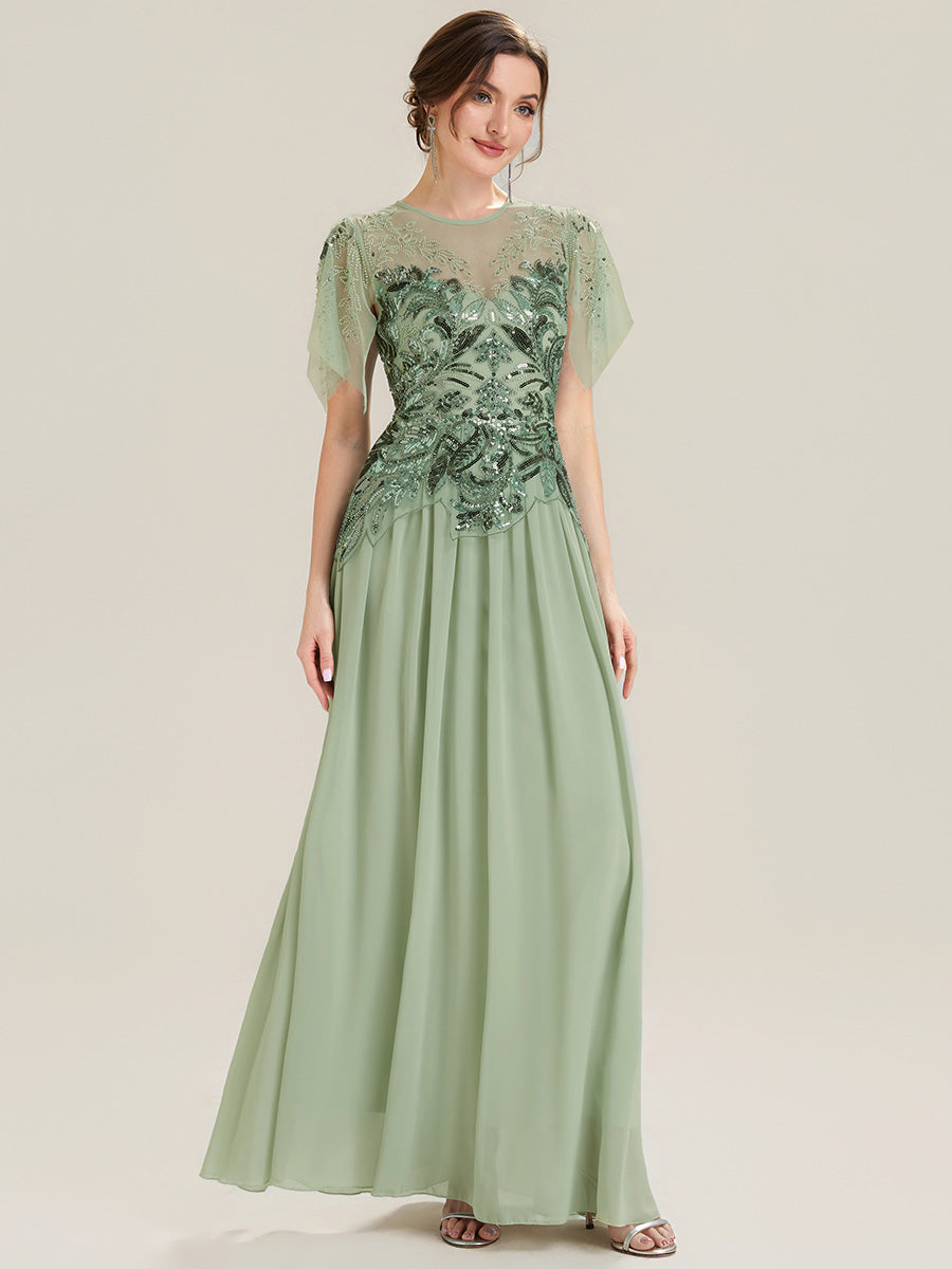 Color=Mint Green | Factory Design Short Sleeve Ruffle Sequin Beaded A-Line Floor Length Evening Dresses-Mint Green 4