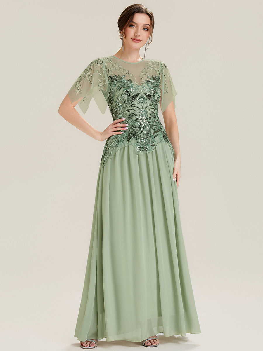 Color=Mint Green | Factory Design Short Sleeve Ruffle Sequin Beaded A-Line Floor Length Evening Dresses-Mint Green 5